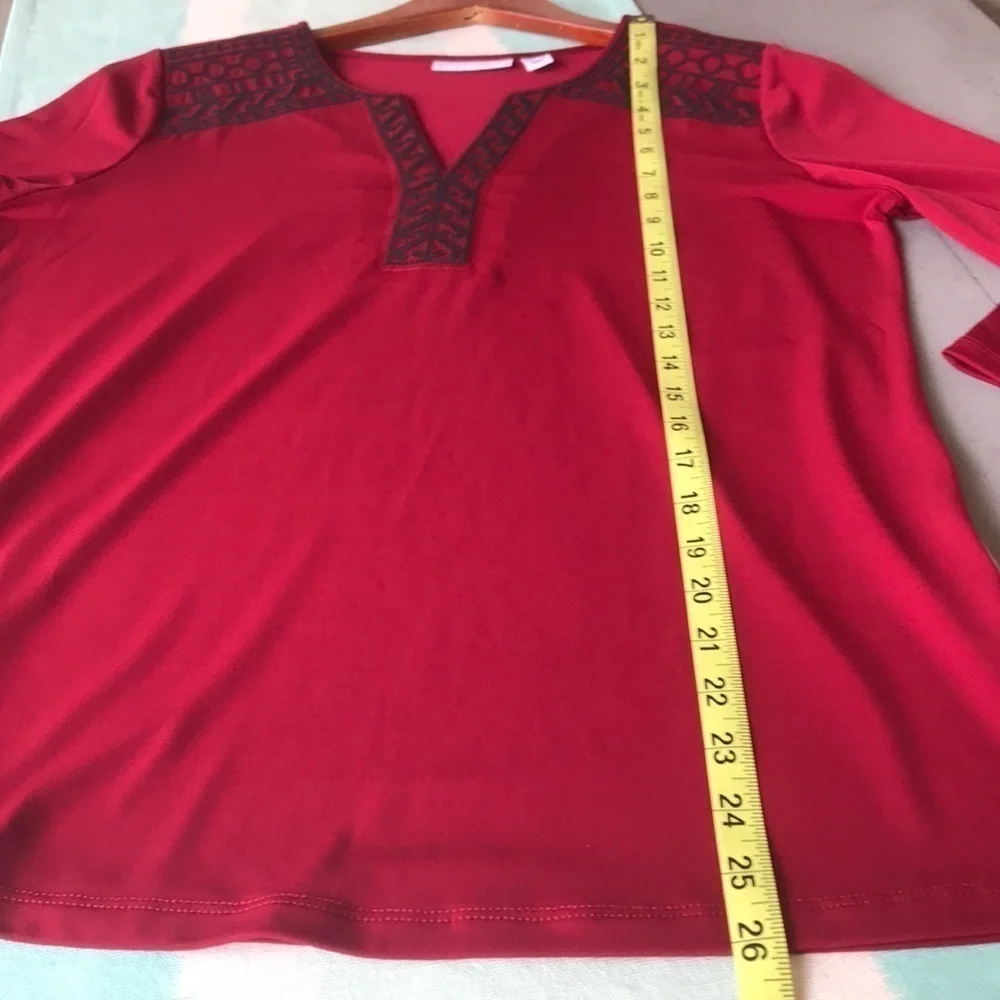 Susan Graver Red Embroidered V-Neck 3/4 Sleeve Stretch Top - Picture 7 of 8